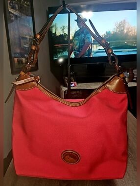Authentic Dooney And Bourke Nylon Large Erica Hot Pink/Brown Shoulder Bag